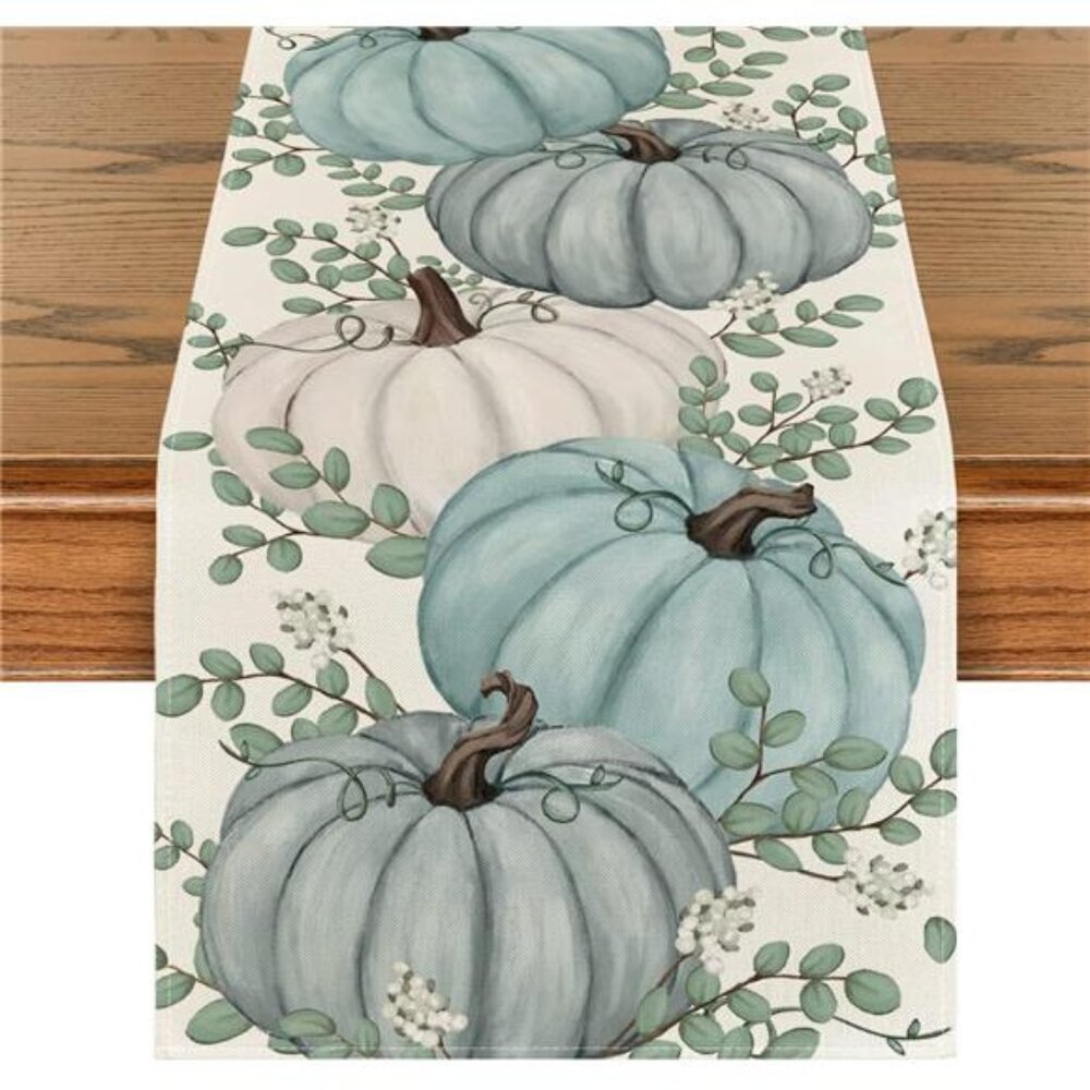 Pumpkins & Eucalyptus Leaves Fall Table Runner, 13x72 Inch, Thanksgiving Decor‎